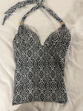 Victoria's Secret Black and White Ikat Halter Tankini Top with Gold Accent